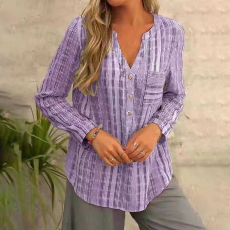 Belinda - V-hals Stribet sommerbluse med lange ærmer