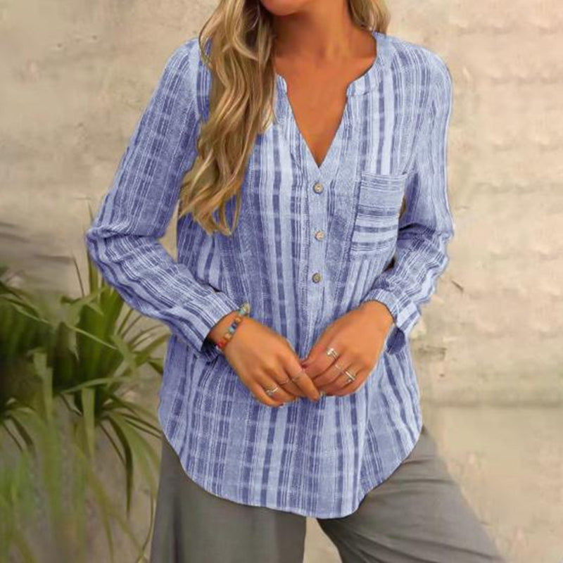 Belinda - V-hals Stribet sommerbluse med lange ærmer