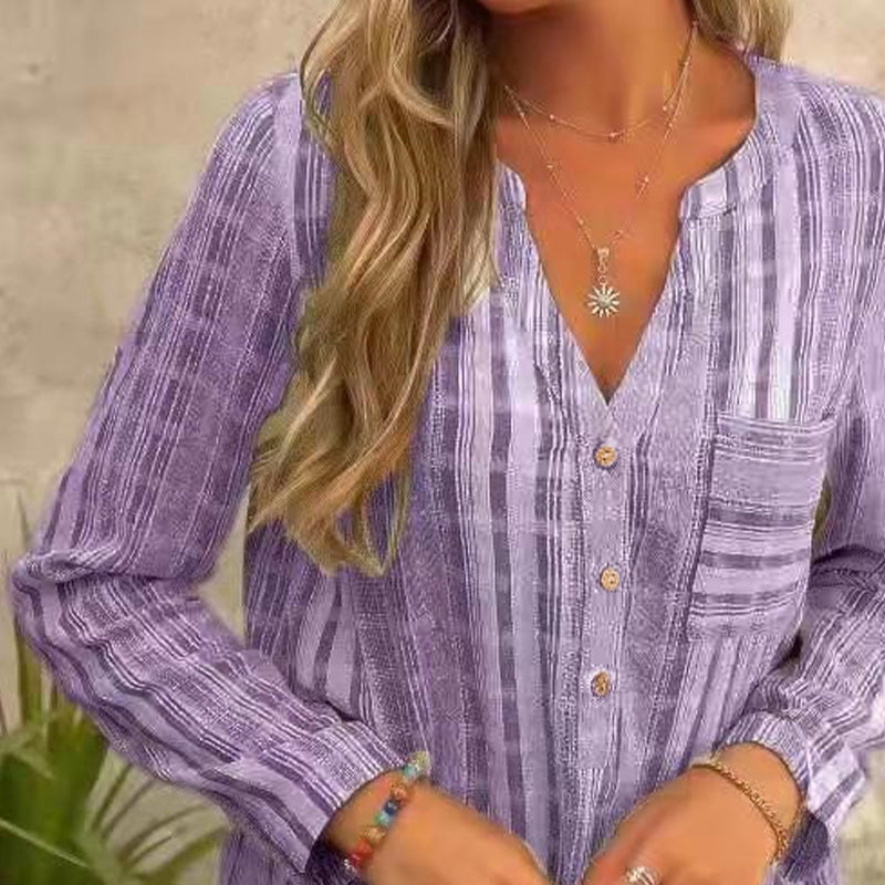 Belinda - V-hals Stribet sommerbluse med lange ærmer