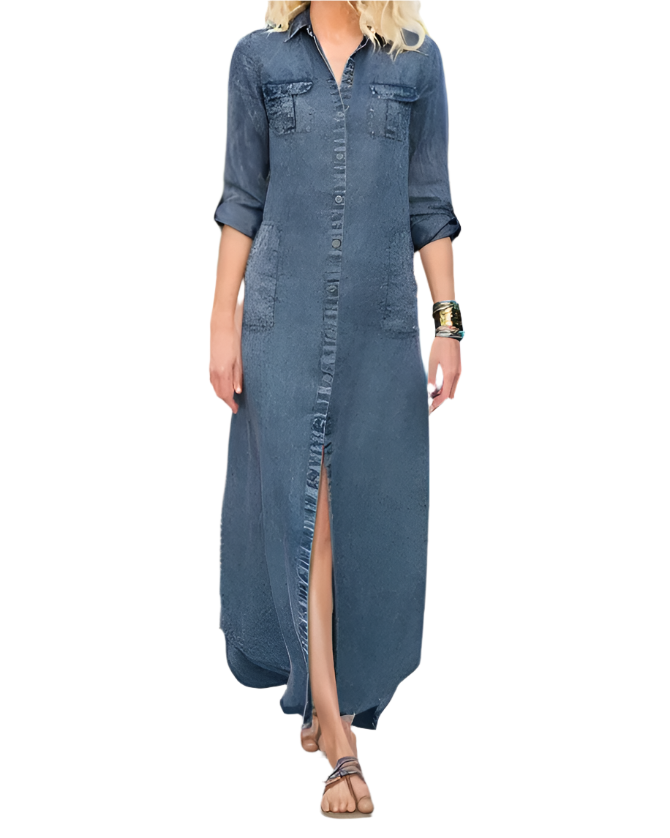 Florence - Afslappet denimkjole med løs pasform med knapper