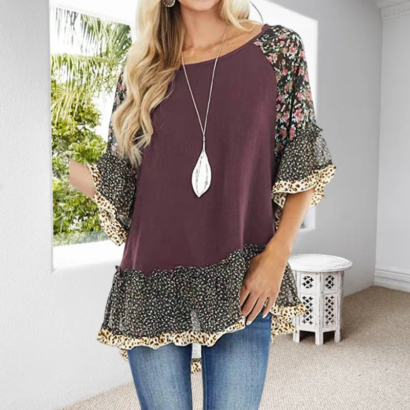 Clarissa - T-shirt med mellemærmer, colourblock leopardprint på dukkeærmer