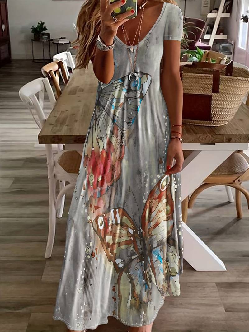 Gracie – V-hals kjole med sommerfugleprint