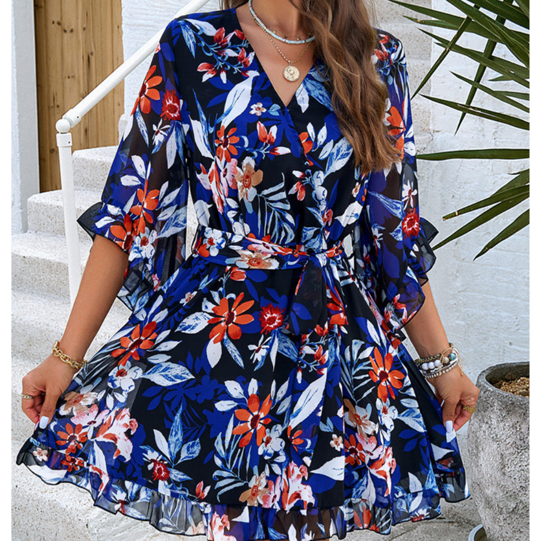 Loraine - Blomster V-hals Bell Sleeve Mini Kjole til kvinder