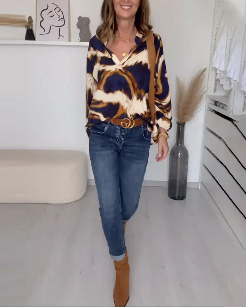 Elena - Elegant damebluse med V-udskæring og lange ærmer
