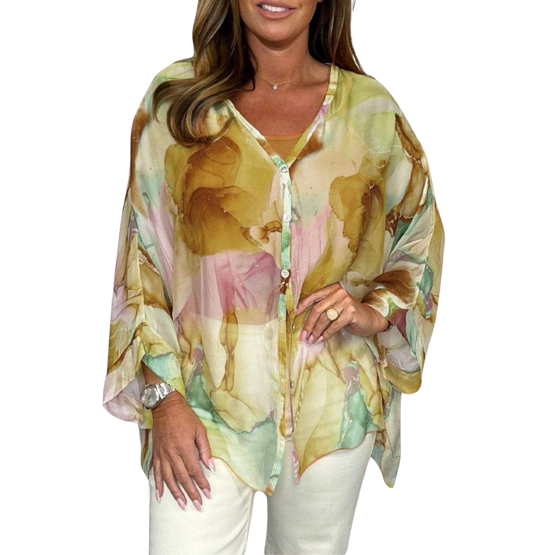 Ellara - Udvidede ærmer Button-Down Blomstertop