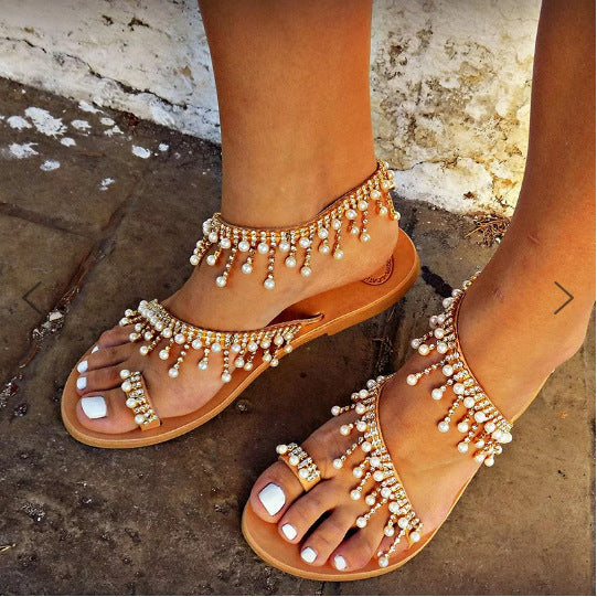 Thea - Flat Pearl Comfortable String Pearl Hjemmesko