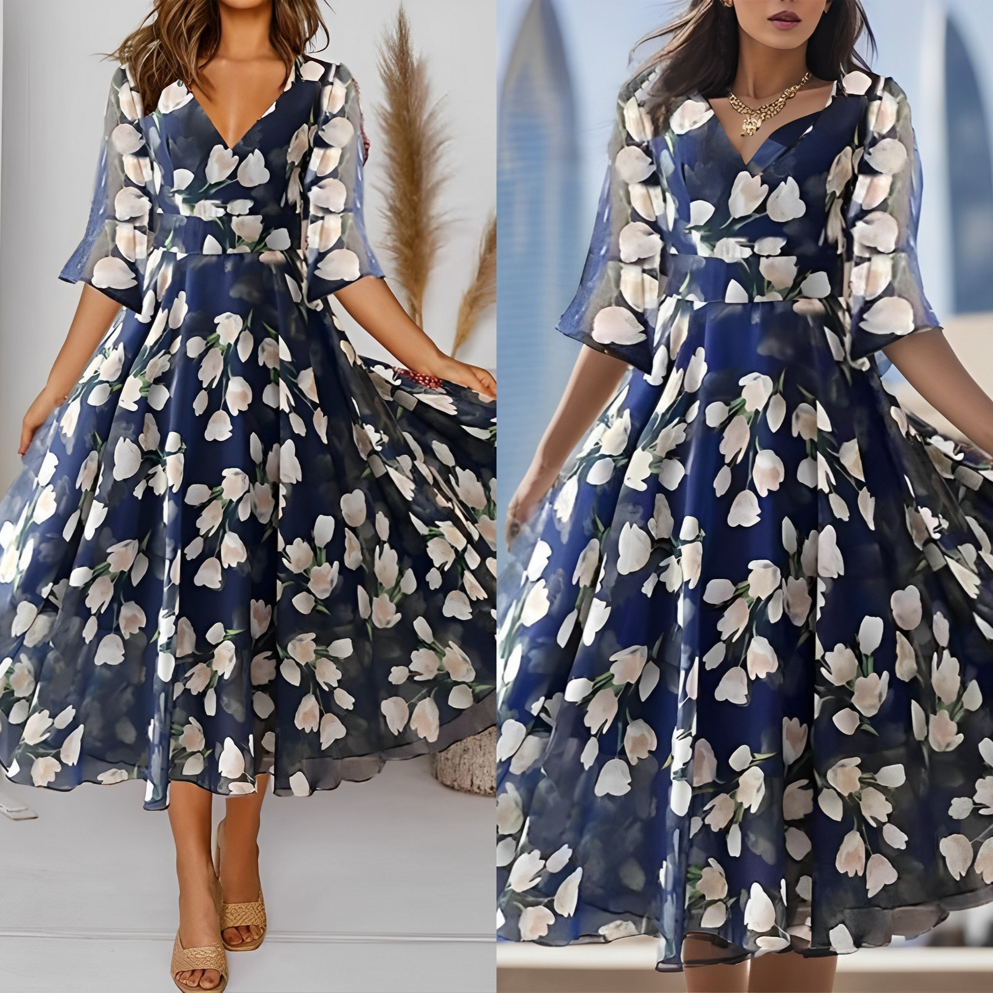 Merete - Plisseret blomsterprint midikjole