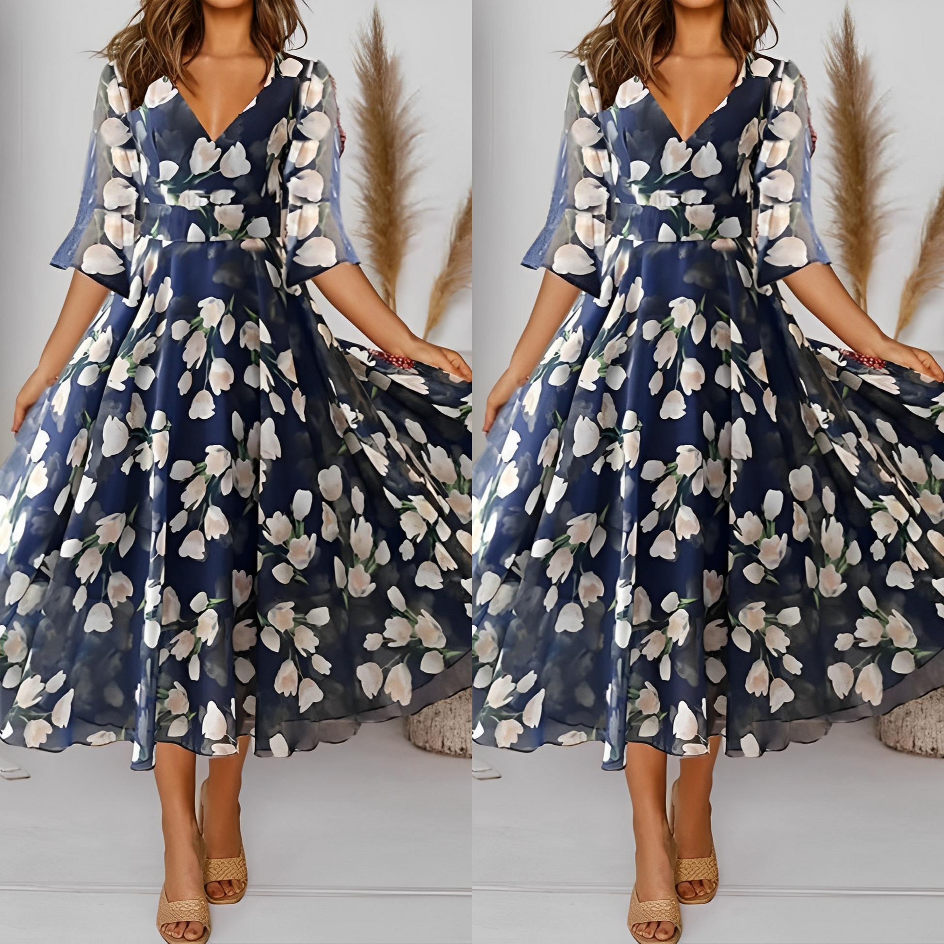 Merete - Plisseret blomsterprint midikjole