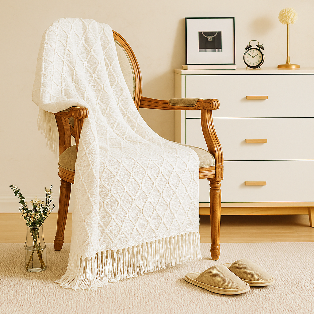Blødt, hyggeligt tæppe i vintagestil med geometrisk mønster til sofa og seng