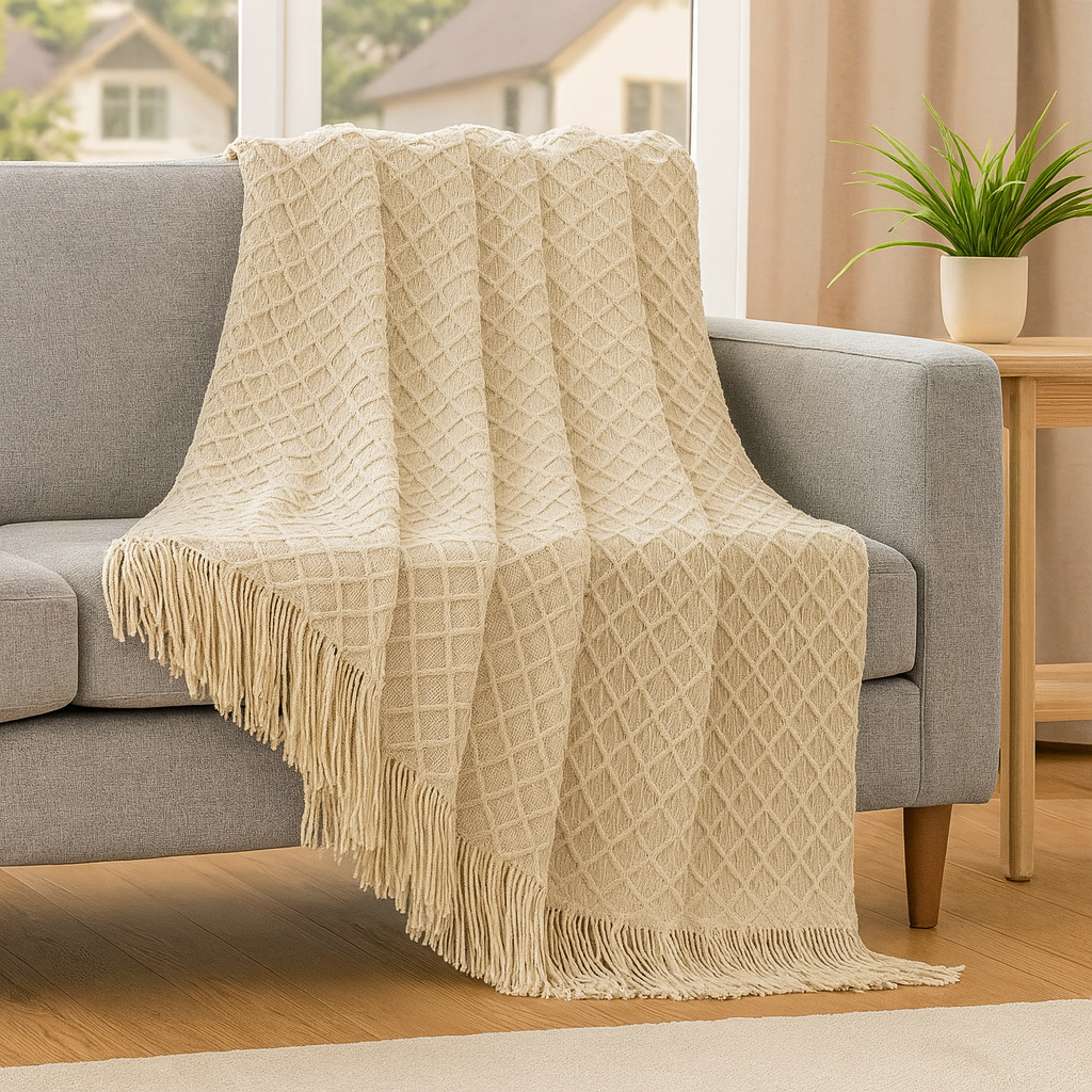 Blødt, hyggeligt tæppe i vintagestil med geometrisk mønster til sofa og seng