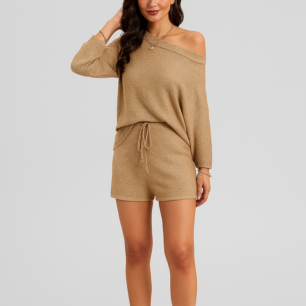 Elegant 2-delt sæt – off-shoulder tanktop og tætsiddende shorts til kvinder