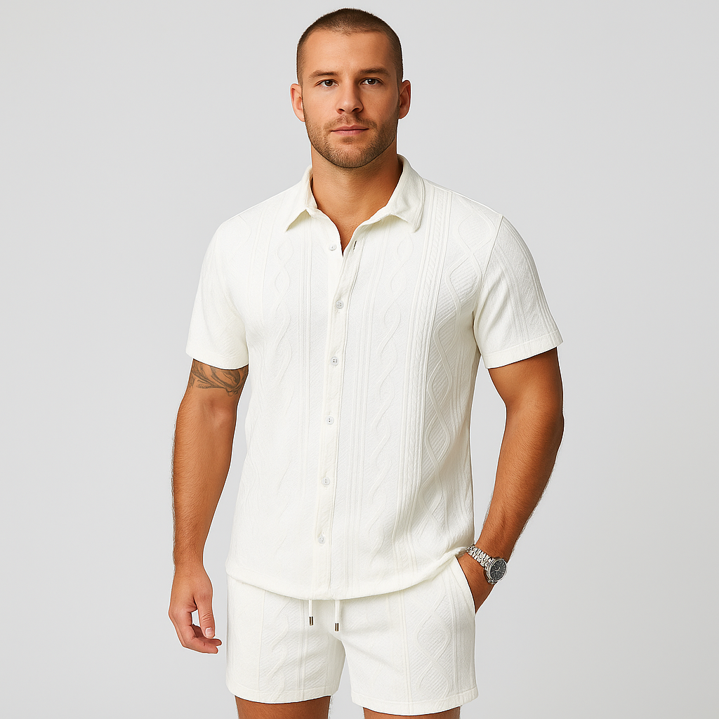Herresæt i jacquardstrik med 2 dele – kortærmet skjorte og shorts i ensfarvet, premium casual outfit