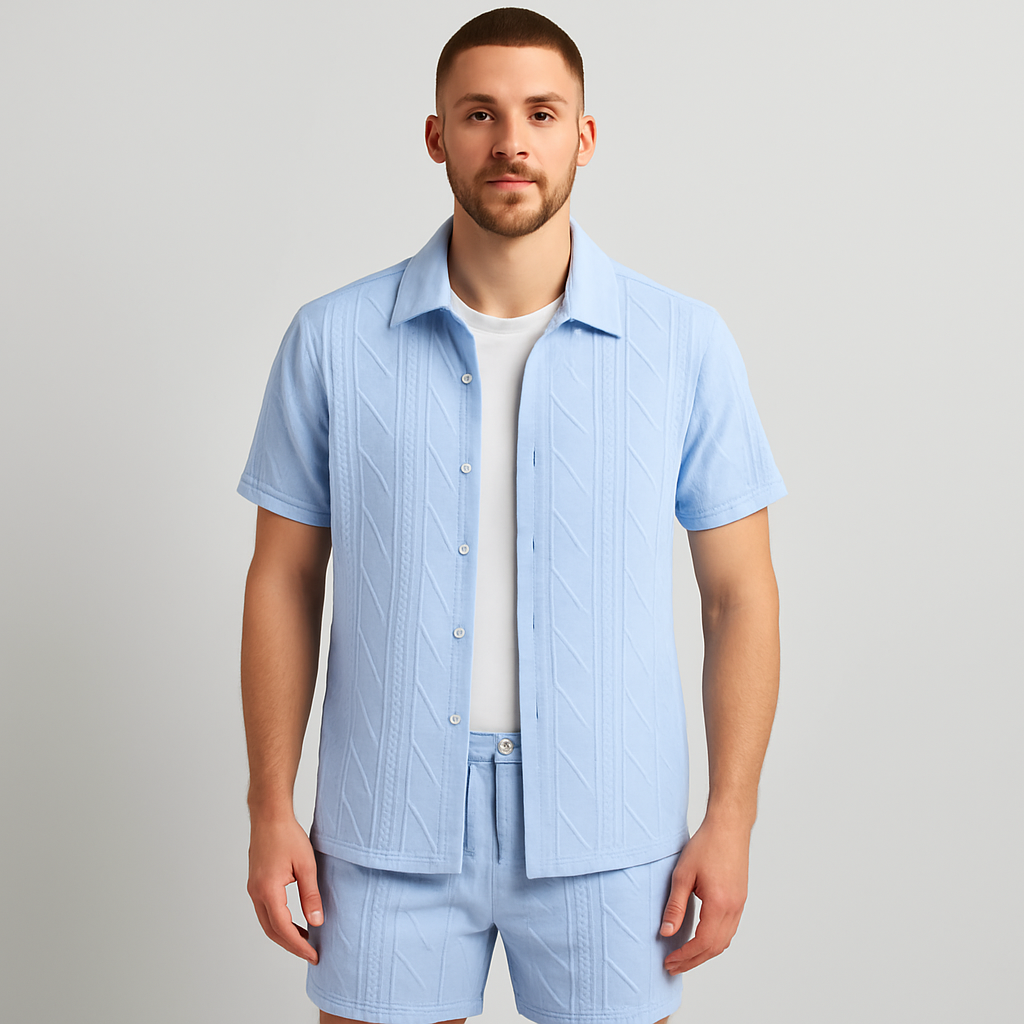 Herresæt i jacquardstrik med 2 dele – kortærmet skjorte og shorts i ensfarvet, premium casual outfit