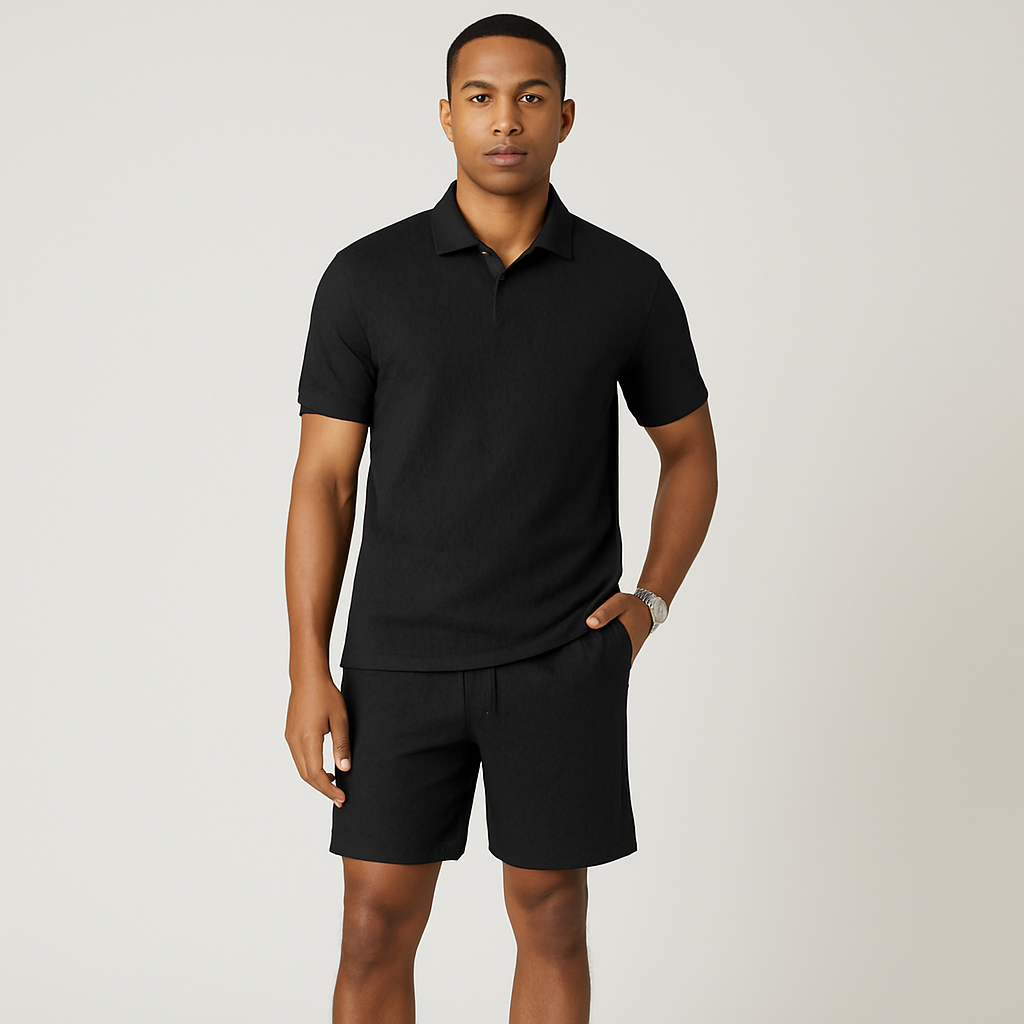 Herresæt i jacquardstrik med 2 dele – kortærmet top med krave og ensfarvede shorts