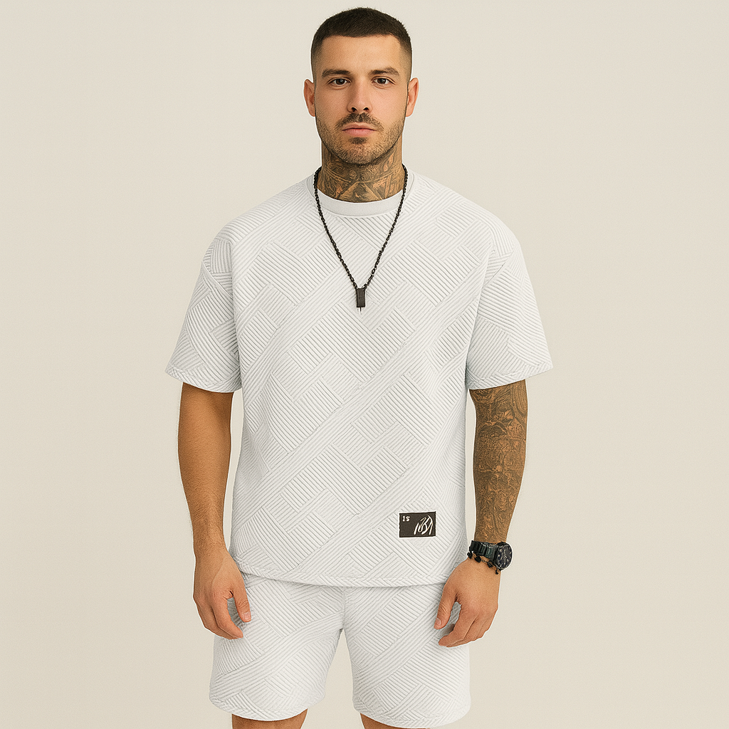 Herresæt med 2 dele – kortærmet top med rund hals og matchende jacquardshorts