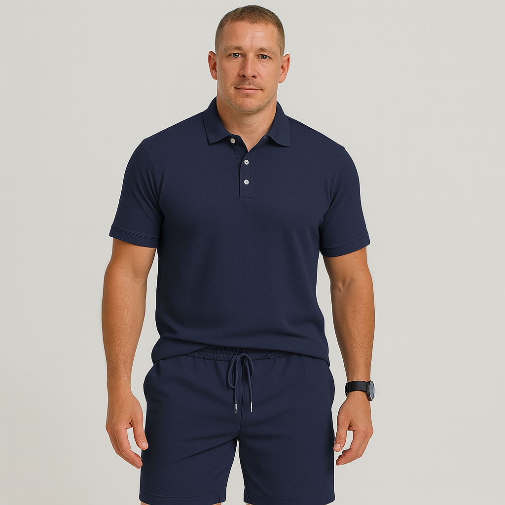 Herre sommer casual sæt – Let top med golfkrave og ensfarvede shorts med lommer