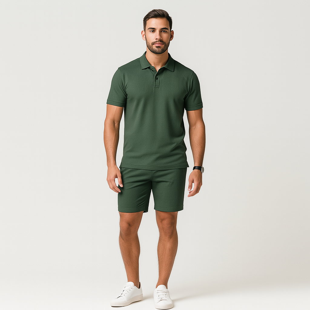 Herre 2-delt poloshirtsæt – kortærmet skjorte med krave og shorts med snøre i mørkegrøn