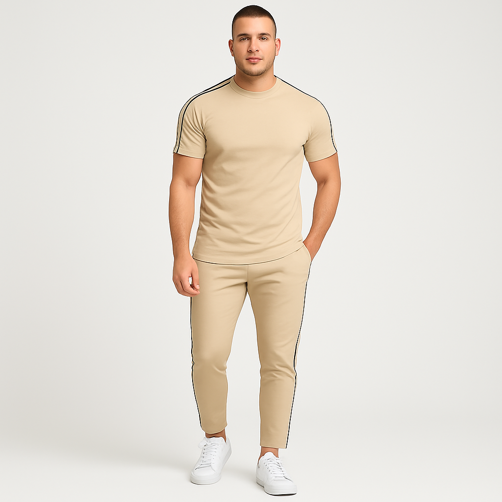 Retro streetwear-sæt til mænd – løs pasform t-shirt med sidestriber og matchende bukser