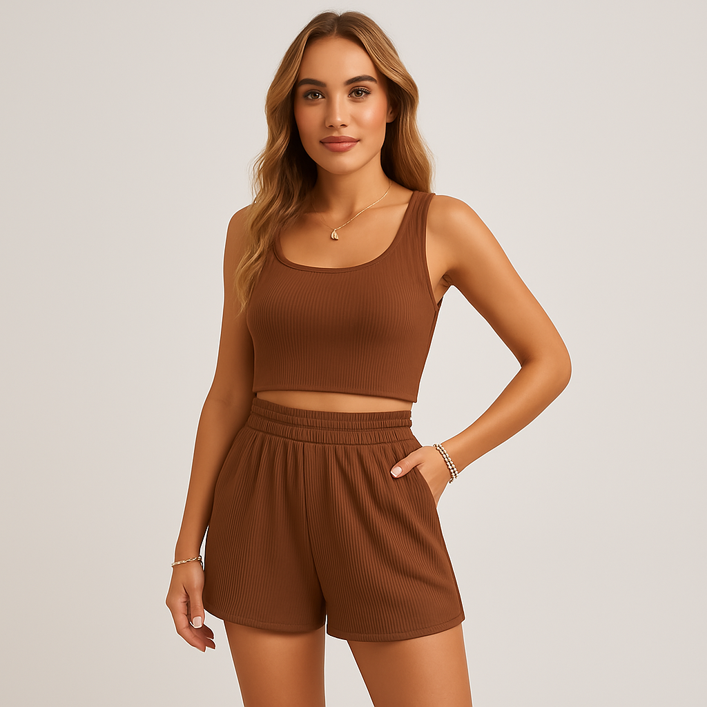 Damesæt med ribbet camisole og shorts - afslappet 2-delt lounge-outfit