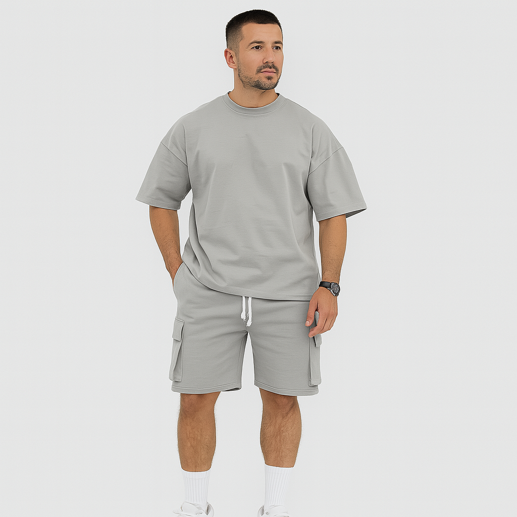 Herre sportstøjsæt – åndbar polyester t-shirt og shorts med rund hals, snøre og lommer