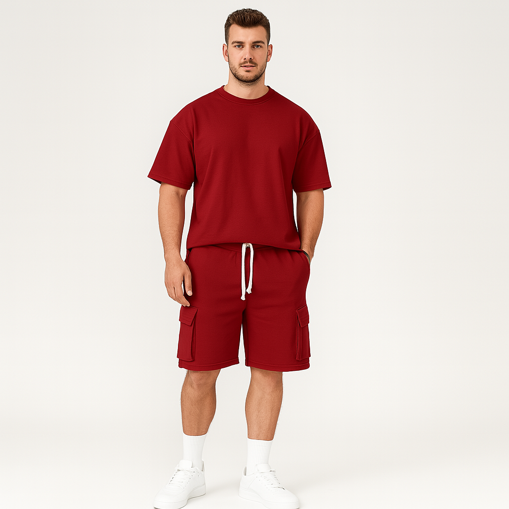 Herre sportstøjsæt – åndbar polyester t-shirt og shorts med rund hals, snøre og lommer