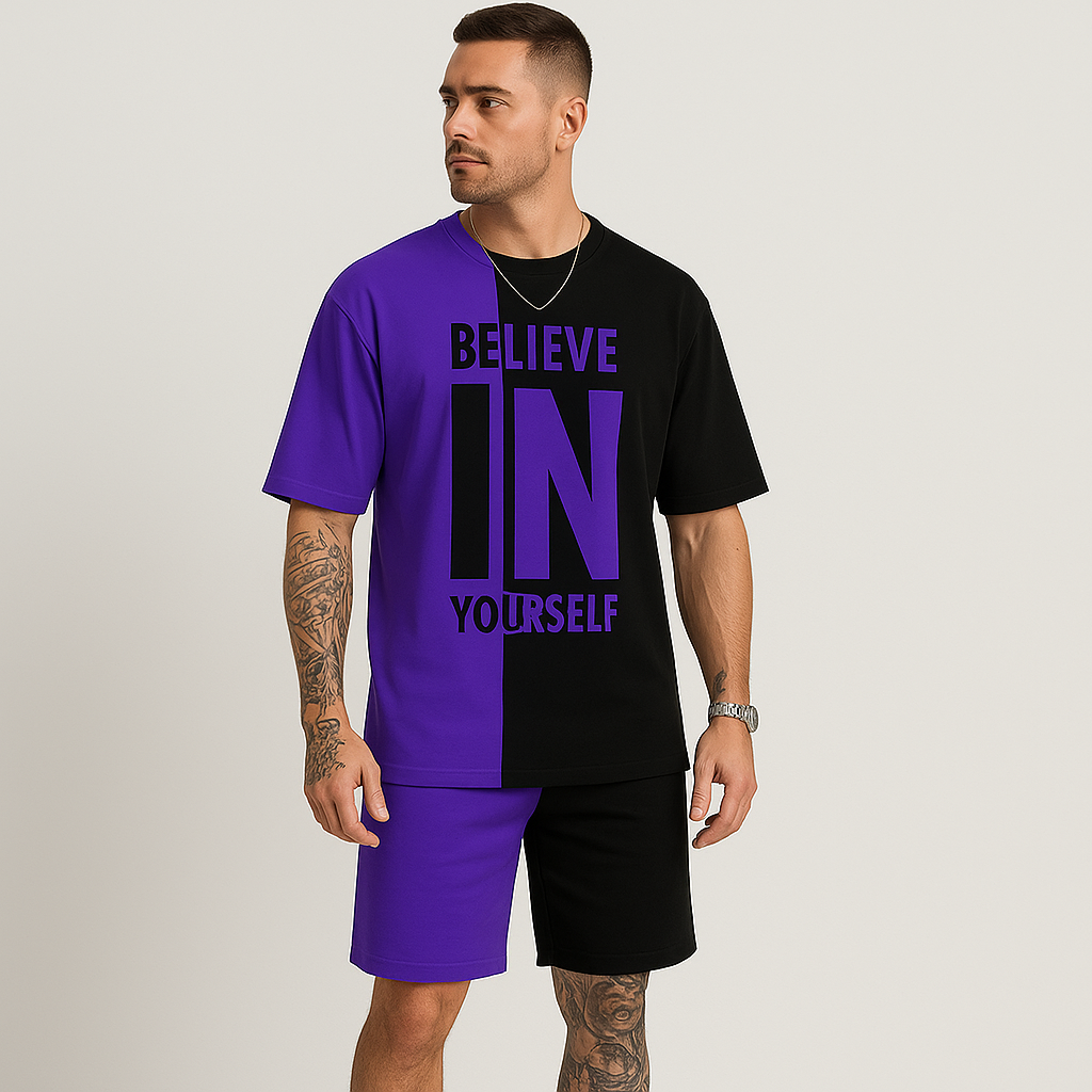 Motivationssæt til mænd med farveblokke – “Tro på dig selv” T-shirt og matchende shorts