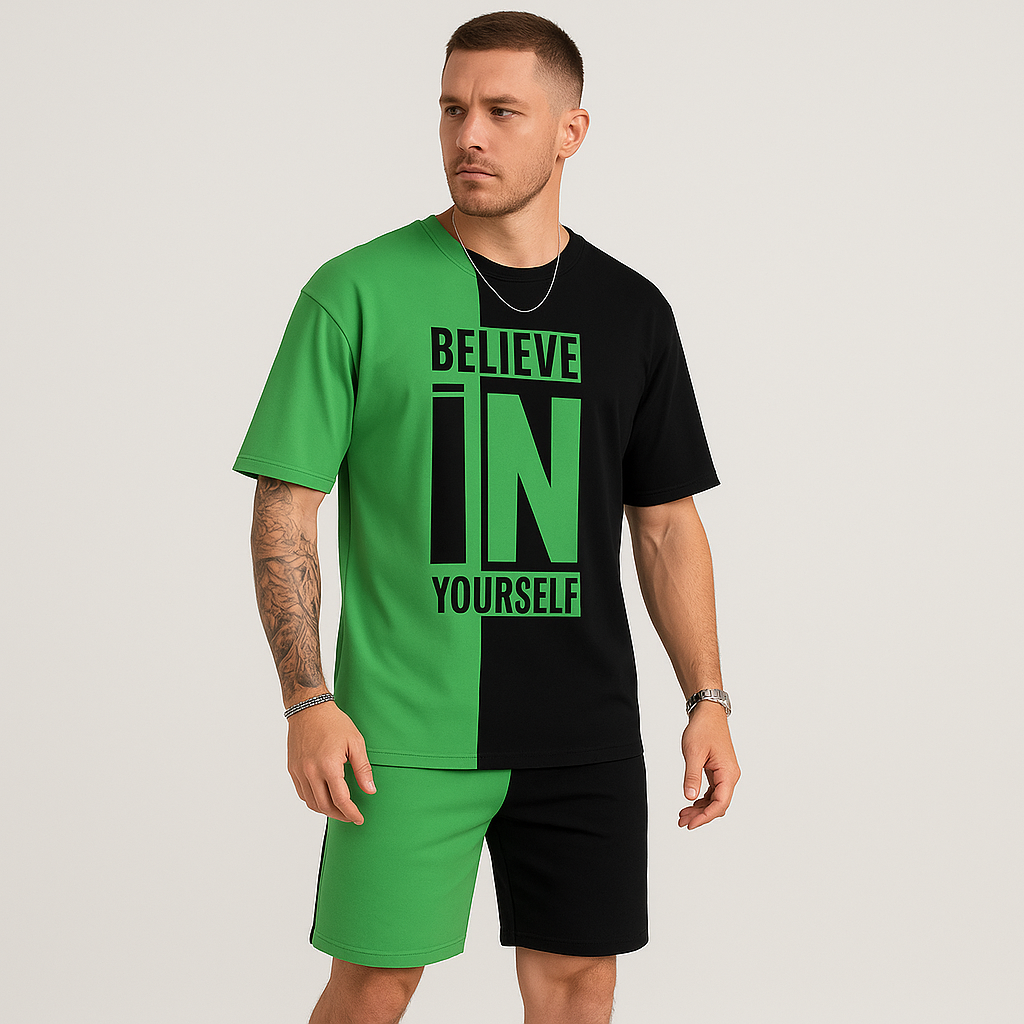 Motivationssæt til mænd med farveblokke – “Tro på dig selv” T-shirt og matchende shorts