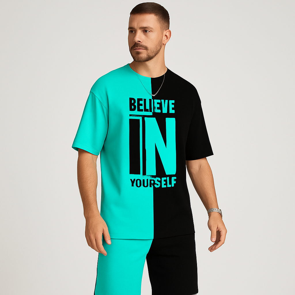 Motivationssæt til mænd med farveblokke – “Tro på dig selv” T-shirt og matchende shorts