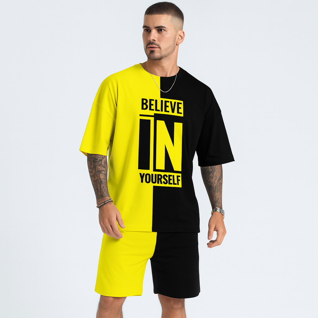 Motivationssæt til mænd med farveblokke – “Tro på dig selv” T-shirt og matchende shorts