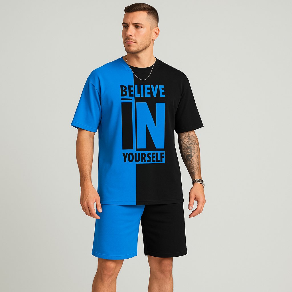 Motivationssæt til mænd med farveblokke – “Tro på dig selv” T-shirt og matchende shorts