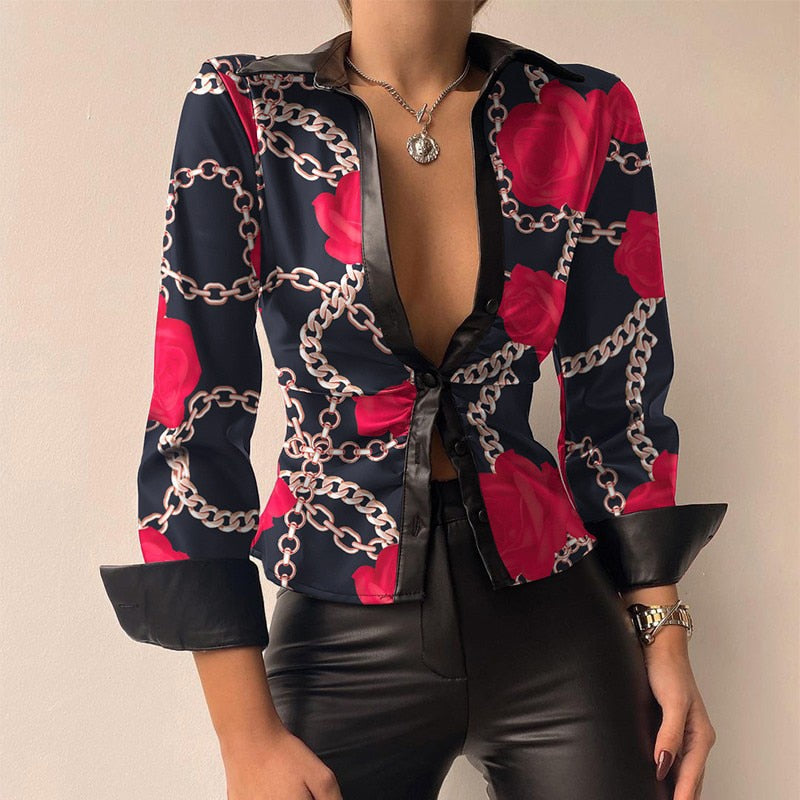Eline - V-hals PU-læderprintet langærmet patchworkbluse