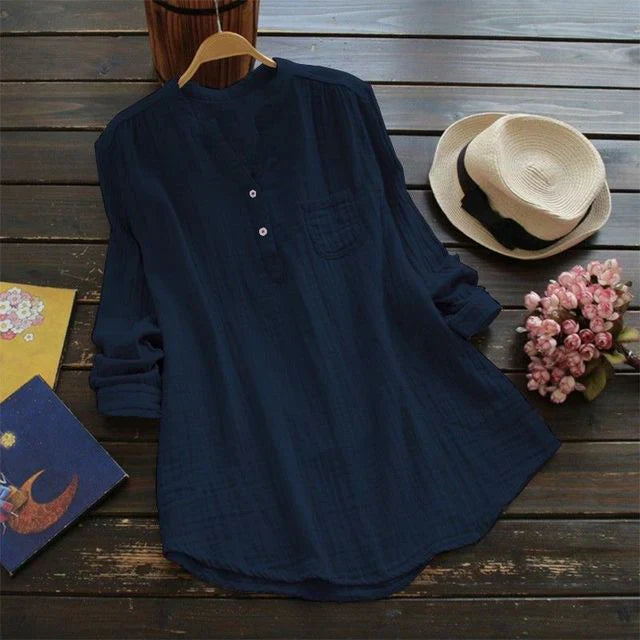Amelia - Elegant damebluse med V-udskæring og brystlomme