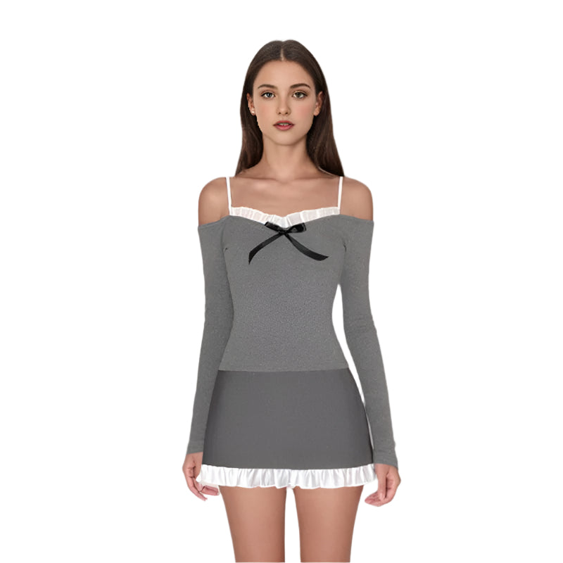 Rita - Off-shoulder langærmet skjorte med flæser og sløjfer