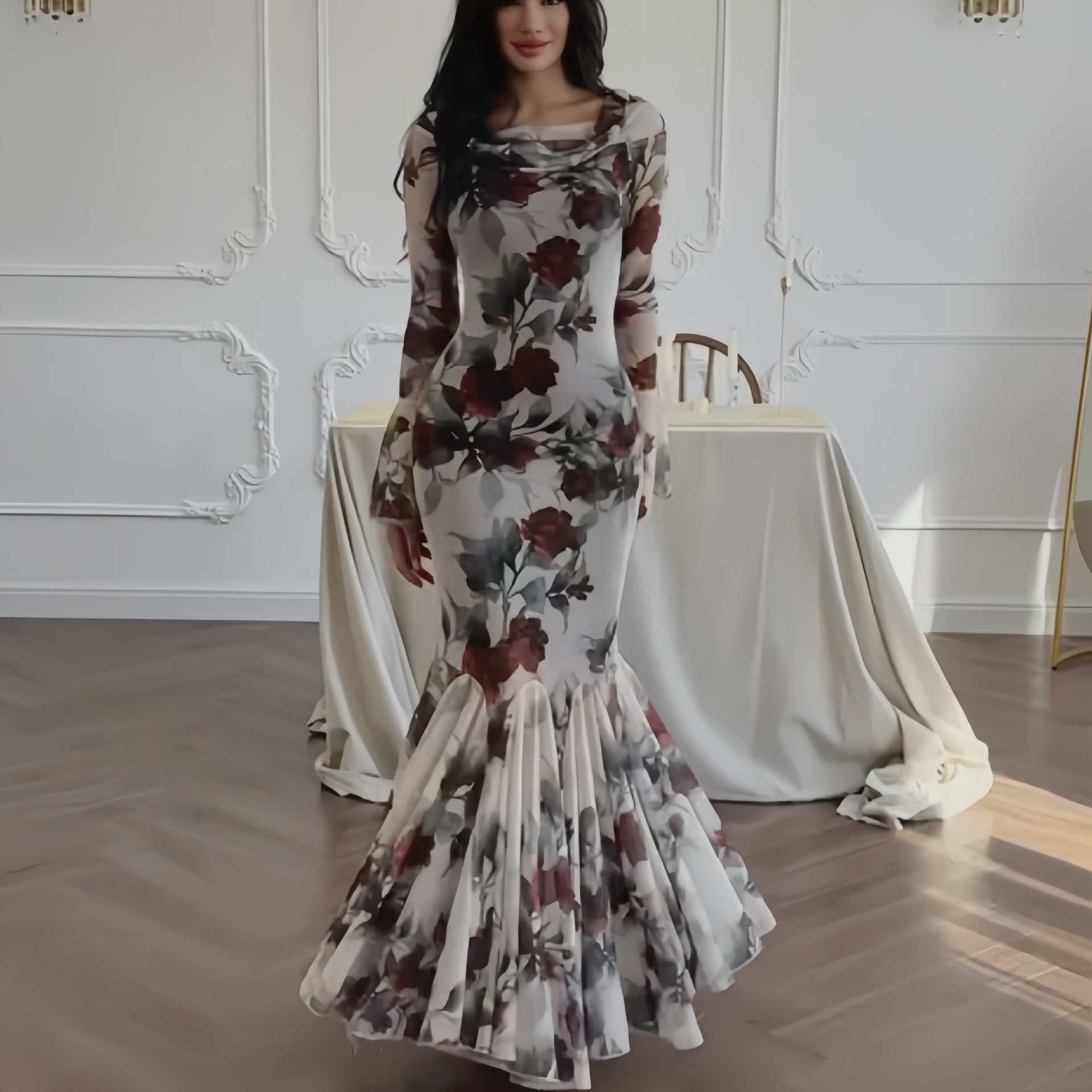 Minerva - Langærmet lang kjole med blomstermønster