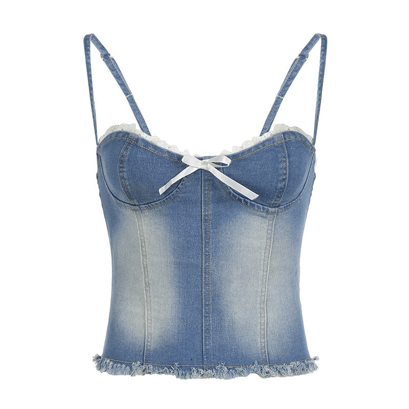 Adeline - Denimskjorte med blonder og flæser