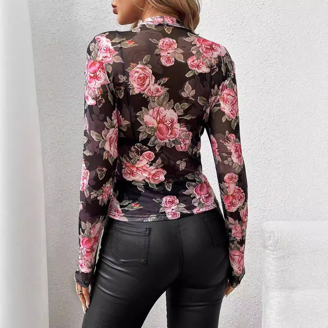 Katherine - Trykt lille stand-up krave Mesh Slim Fit Top