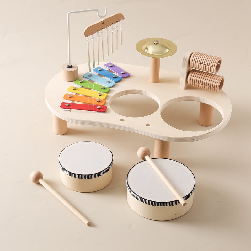 MelodyPlay Træmusikbord – Alt-i-et Pædagogisk Instrument til Småbørn, Med Trommer, Xylofon & Bækkener