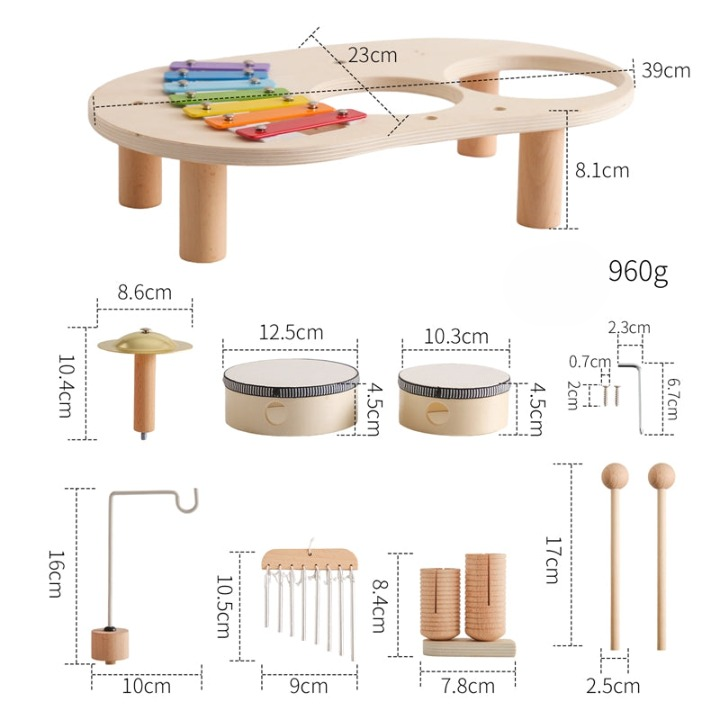 MelodyPlay Træmusikbord – Alt-i-et Pædagogisk Instrument til Småbørn, Med Trommer, Xylofon & Bækkener