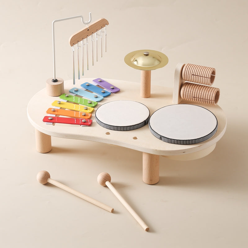 MelodyPlay Træmusikbord – Alt-i-et Pædagogisk Instrument til Småbørn, Med Trommer, Xylofon & Bækkener