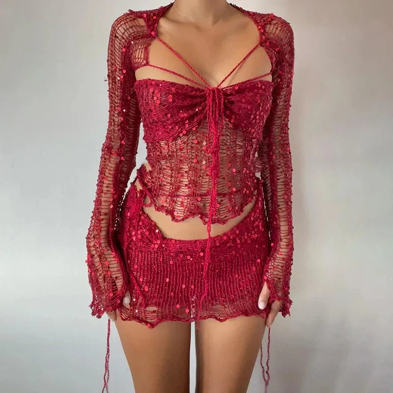 Frederikke - Todelt langærmet pailletstrikket top med udskåret bodycon-nederdel