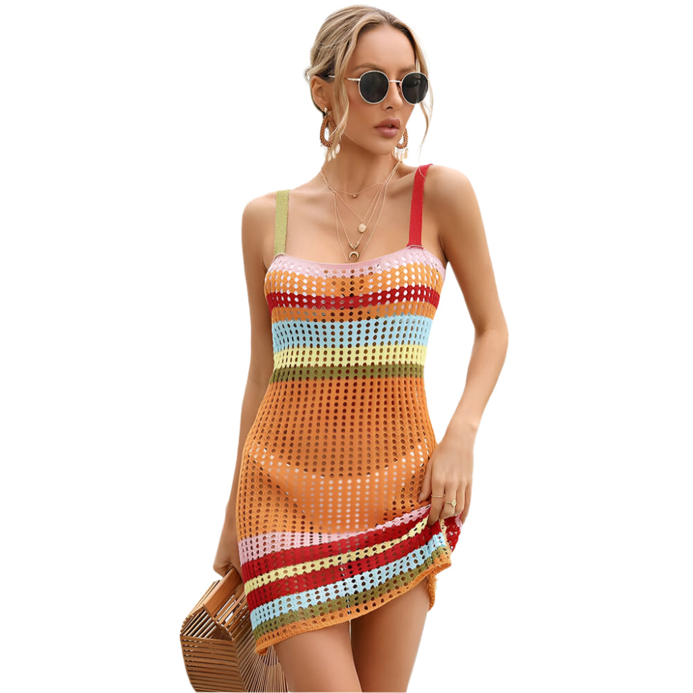 Evina - Regnbuestribet hæklet strand-mini-cover-up kjole