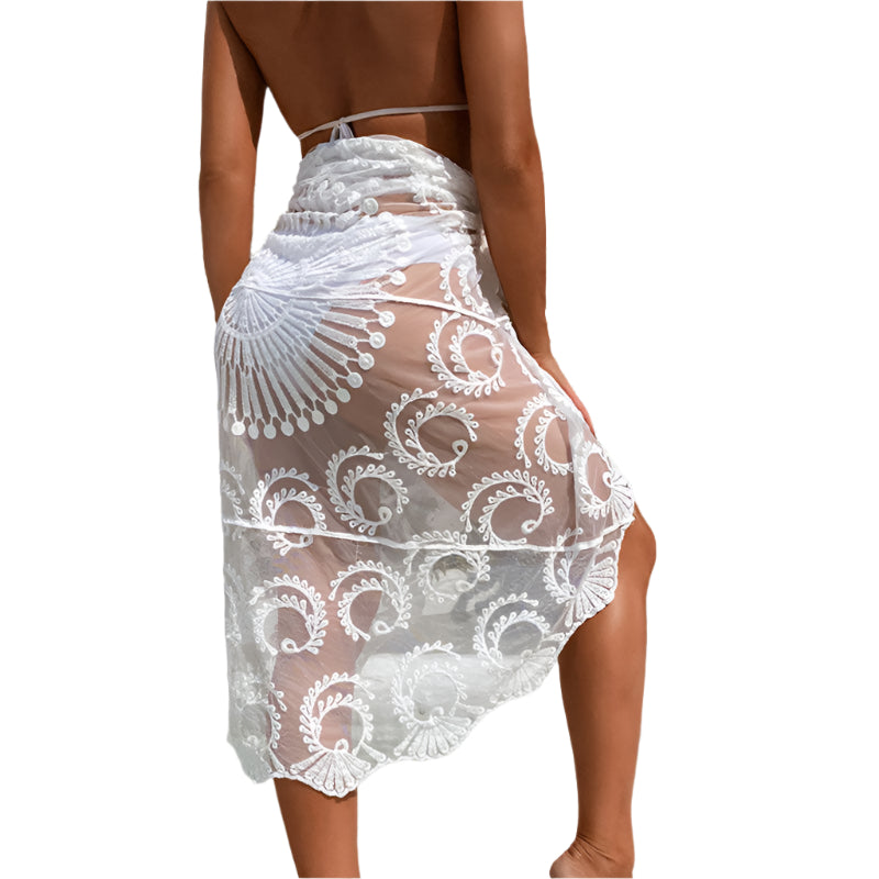 Misha – Boho strand-sarong med bindebånd blomster hækling og gennemsigtig blonde