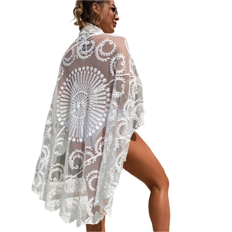 Misha – Boho strand-sarong med bindebånd blomster hækling og gennemsigtig blonde