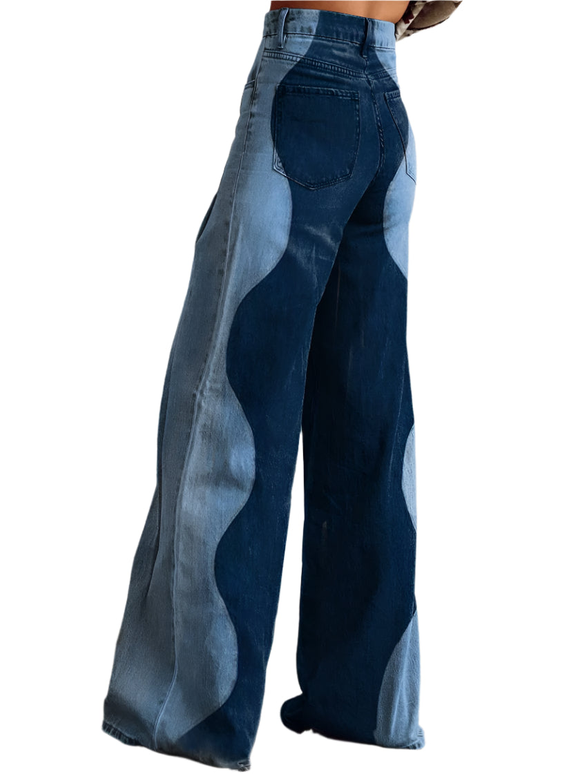 Sarah - Elefantbenbukser med bølgeprint i denim