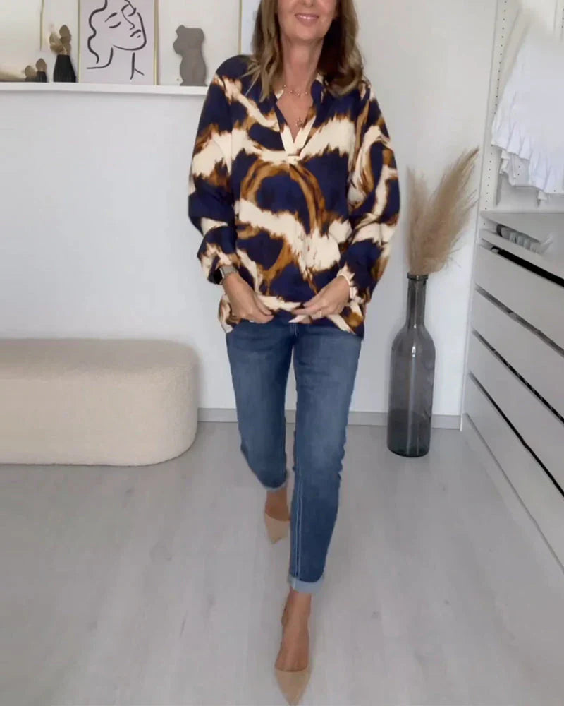 Elena - Elegant damebluse med V-udskæring og lange ærmer