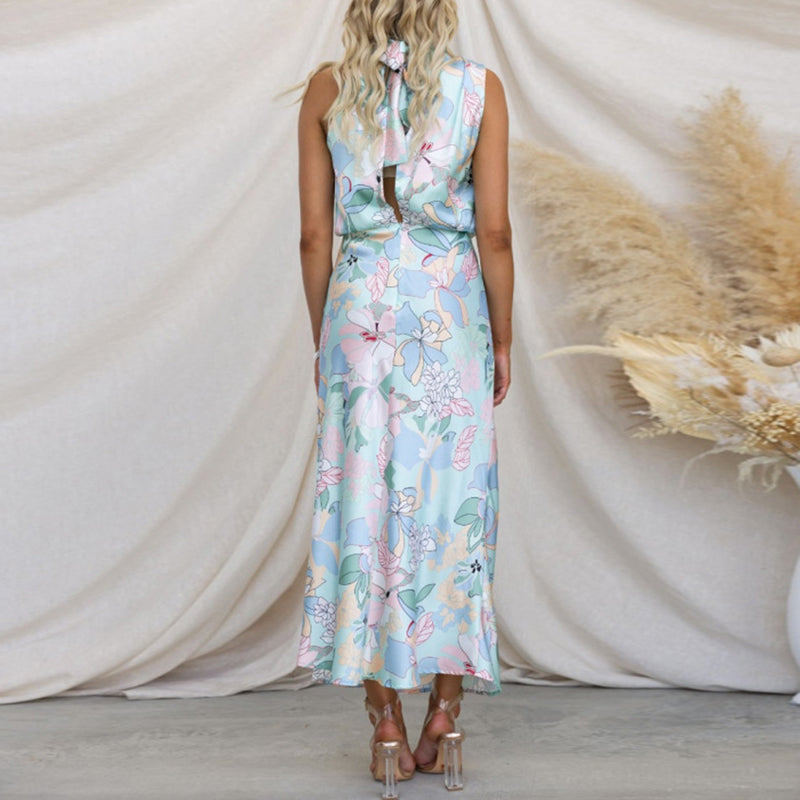 Sylvia - Elegant højhalset ærmeløs blomstret maxikjole