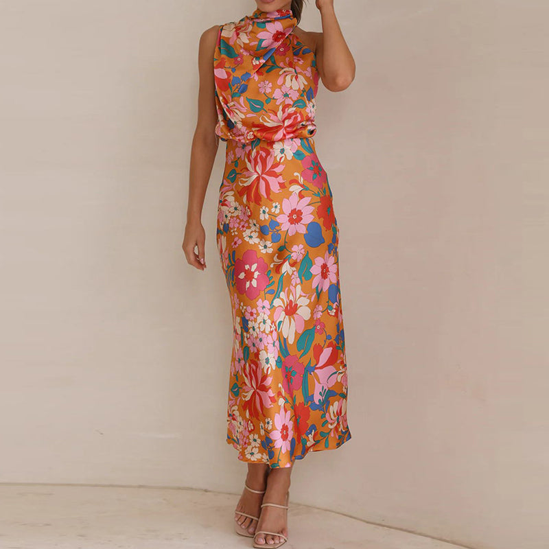 Sylvia - Elegant højhalset ærmeløs blomstret maxikjole