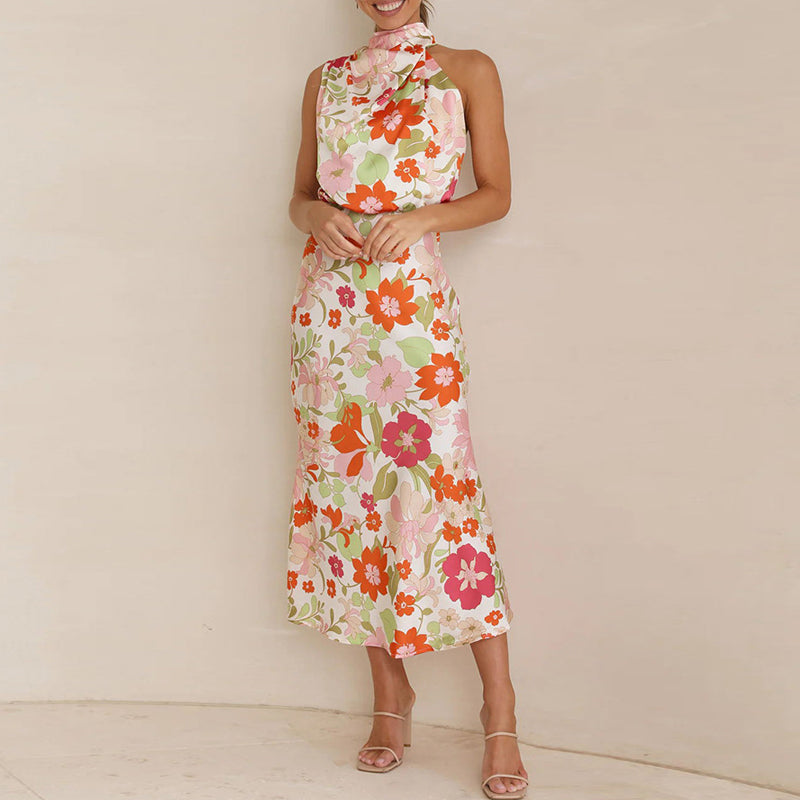 Sylvia - Elegant højhalset ærmeløs blomstret maxikjole