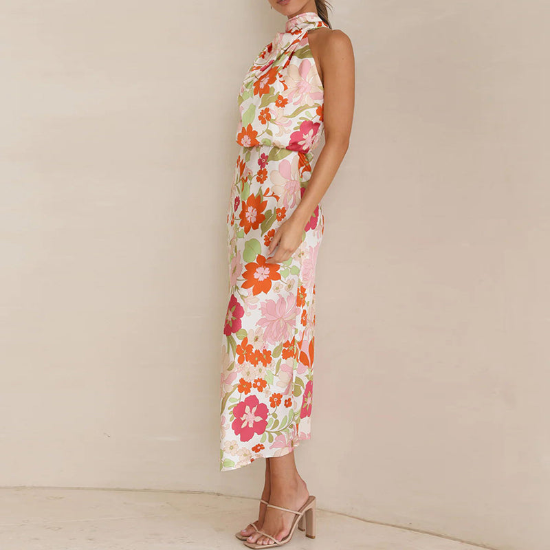 Sylvia - Elegant højhalset ærmeløs blomstret maxikjole