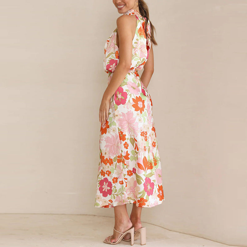 Sylvia - Elegant højhalset ærmeløs blomstret maxikjole
